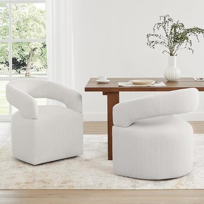 KISLOT Upholstered Dining Chairs with Casters, Modern Barrel Side Armchair with Rollers for Dining Room, Bedroom, Kitchen, Reading Room, Linen, Set of 1