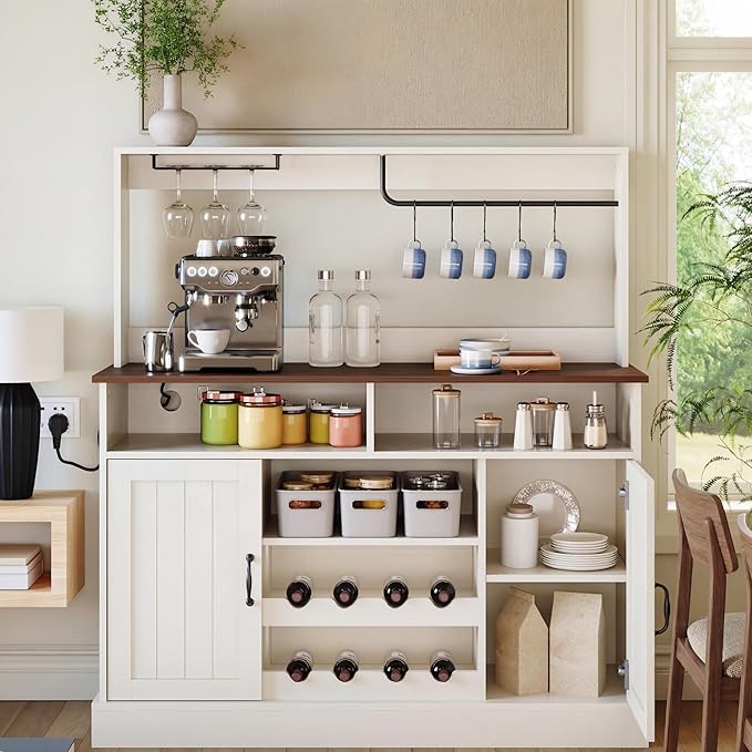 47" Farmhouse Coffee Bar Cabinet with Storage, Buffet Cabinet with Goblet Holder, 5Hooks, Power Outlets, Sideboard Cabinet Coffee Bar Table with Adjustable Shelves for Kitchen & Living Room, White