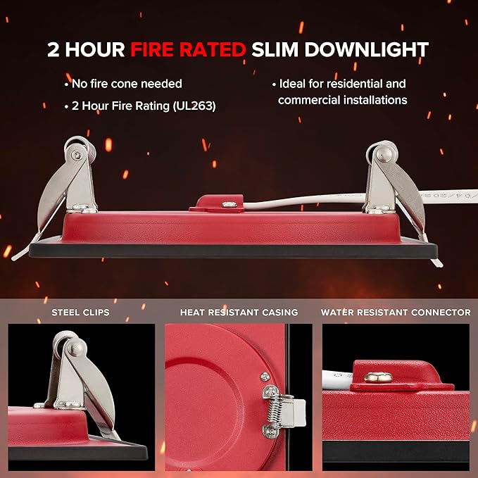 Maxxima 4 in. 2 Hour Fire Rated Ultra Thin Square Black LED Downlight, Slim Recessed Canless Light, IC Rated, 800 Lumens, 5 Color Temperature Selectable 2700K/3000K/3500K/4000K/5000K, Dimmable