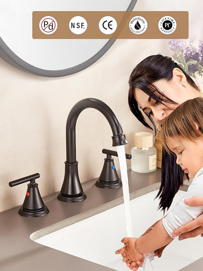 Fransiton Black 8 Inch Widespread Bathroom Sink Faucet 3 Hole,2-Pack Bathroom Vanity Faucet with Metal Pop-up Drain Assembly, 2 Handle Basin Supply Hoses