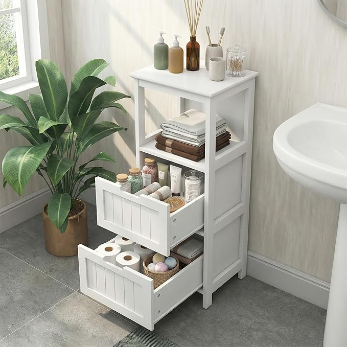 Casaphoria 2-Drawer Bathroom Floor Cabinet, Wooden Storage Organizer with Side Rack, Freestanding Stand Table for Bathroom, Hallway, White