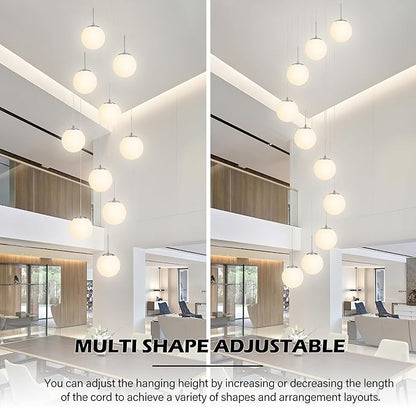 KoKo&Yukina 10 Light Globe Pendant Light Adjustable Hanging Light Staircase Chandelier Milk Glass Pendant Lights with Milky White Glass Shade Globe Lights for Staircase