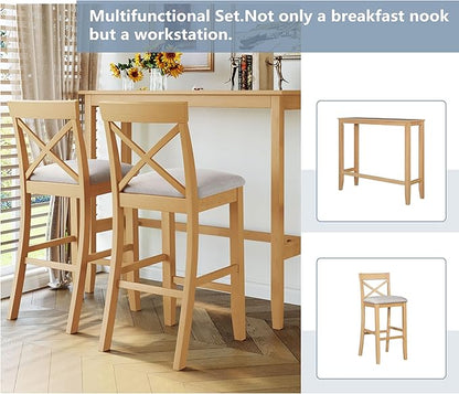 Farmhouse Bar Table Set of 3, Includes 48" Rectangular Wood Dining Table and 2 Bar Stools, Counter Height Kitchen Table Set for Small Spaces (Natural Color + Beige + Solid Wood + Foam)