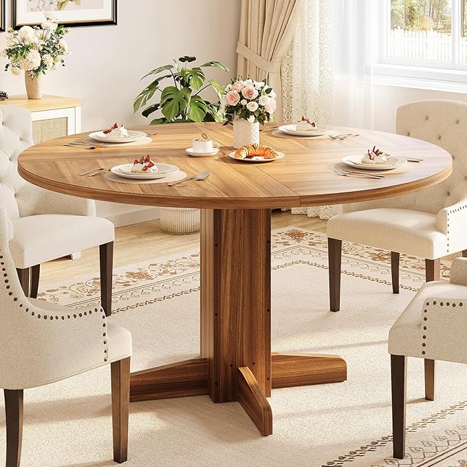 Garvee Round Dining Room Table for 4-6, 47" Wood Kitchen Table with Sturdy Pedestal Base, Farmhouse Circle Dinner Tables for Living Room, Apartment, Walnut