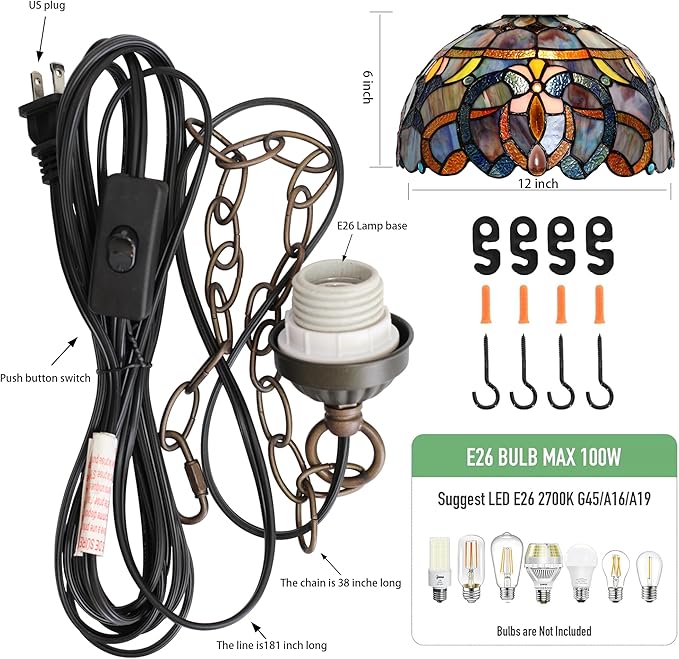 Tiffany Pendant Light Plug-in Stained Glass Hanging Lamp 12”x12”x181” Blue Baroque Swag Light Decorative Vintage Lighting for Dining Room Living Room Kitchen Hallway Bedroom