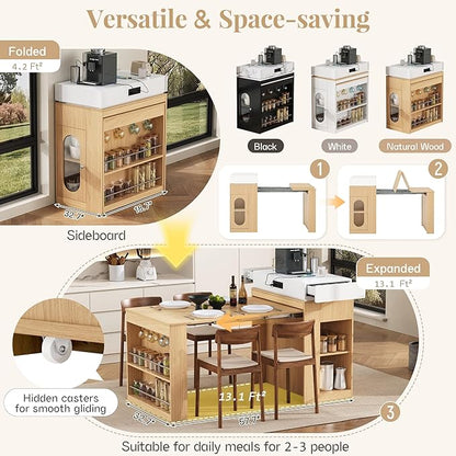 Extendable Dining Table with Folding Tabletop, Bar Table with Drawers and Power Outlet, Kitchen Island with Wheels and Hooks for Kitchen, Dining Room, Natural+Creamy White