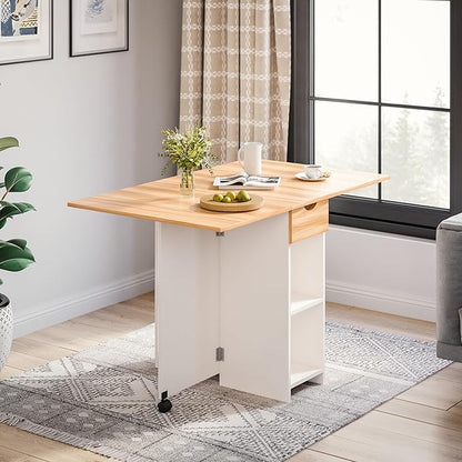Mondeer Folding Dining Table, Drop Leaf Kitchen Table with 1 Drawer and 2 Open Storage Shelves Small Space Dining Room Kitchen Modern (White & Red Oak)