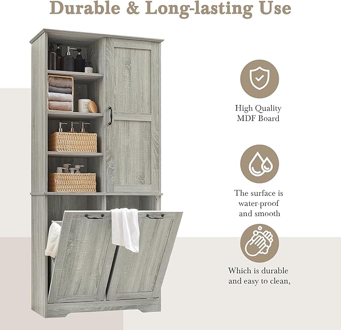 68" Tall Bathroom Storage Cabinet with One Door and Two Laundry Hampers for Home Display Organizer, Adjustable Shelf, Oak