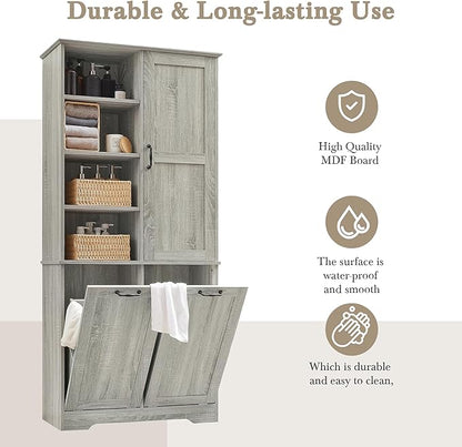 68" Tall Bathroom Storage Cabinet with One Door and Two Laundry Hampers for Home Display Organizer, Adjustable Shelf, Oak