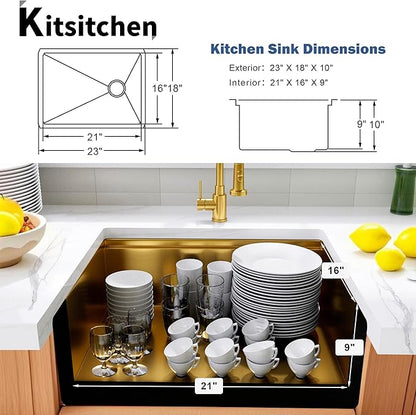 Kitsitchen Gold Undermount Kitchen Sink 23 Inch,16 Gauge Stainless Steel Single Bowl Undermount Sink,Workstation Kitchen Sinks with Accessories,Round Corner & Offset Drain Design (23" X 18"X 10")