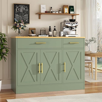 Vongrasig 43” Sideboard Buffet Cabinet with Storage, Farmhouse Coffee Bar with Drawers and Shelves, Wood Buffet Table for Kitchen, Dining Room, Green