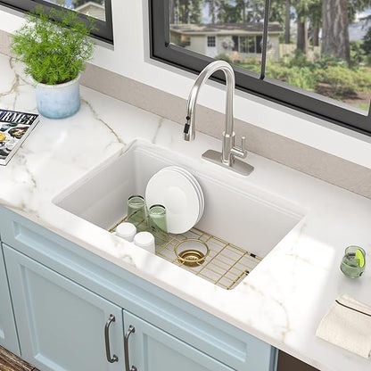 28 Granite Composite Kitchen Sink - Fulorni 28"x19" Granite Kitchen Sink White Undermount Ledge Workstation Quartz Classic Luxury Under Counter Single Bowl Sink Basin