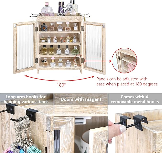 Ikee Design Wooden Countertop Storage Cabinet with Wavy Magnetic Door, Adjustable Shelves, Removable Hooks. Perfect for Perfume, Figurines, and Coffee Cups, Vintage White, 10.4 W x 6.1 D x 14.4 H in