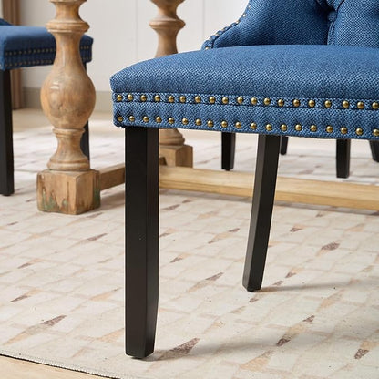 Ball & Cast Contemporary Upholstered Dining Chairs Set of 2, Flax Button Tufted Kitchen Side-Chairs with Hang Ring & Nailhead Trims & Wood Legs, 2-Piece Backrest Traditional Chair, Black+Blue