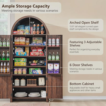 IFBUY 71" Tall Arched Bathroom Storage Cabinet, Modern Fluted Storage Cabinet w/Doors, 3 Adjustable Shelves, 6 Door Shelves, Wood Freestanding Cabinet for Bathroom, Entryway, Hallway, Brown