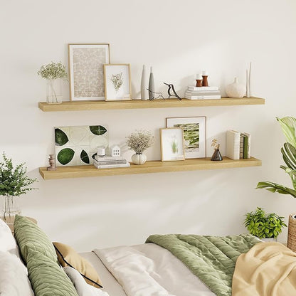 Fun Memories 72 Inch Floating Shelves for Wall 2 Pack Shelves for Bedroom|Kitchen|Bathroom 72 x 9.3 Inch Wood Floating Shelf with Invisible Brackets for Books|Storage|Decor, Oak