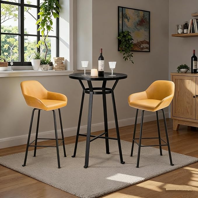 Glitzhome Bar Table and Chairs Set, Round Black Steel Pub Table with Soild Elm Wood Top and Bar Height Adjustable Swivel PU Leather Bar Stool for Breakfast Nook Living Room Small Space Restaurant