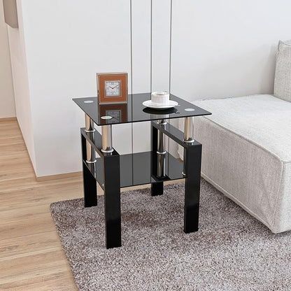 IANIYA Modern Glass Side Table, 2-Tier End Table with Tempered Glass Top & Metal Legs, Night Stand Corner Small Table for Living Room, Bedroom, Small Space All Black