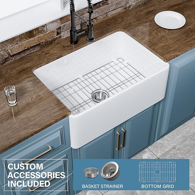 Small Farmhouse Sink 27 x 18 Inch, Firecaly Apron Front Farm Sink, Heavy Duty Single Bowl, with Accessories 2 Types, Undermount, Pure White, for Kitchen, Laundry, Small Space