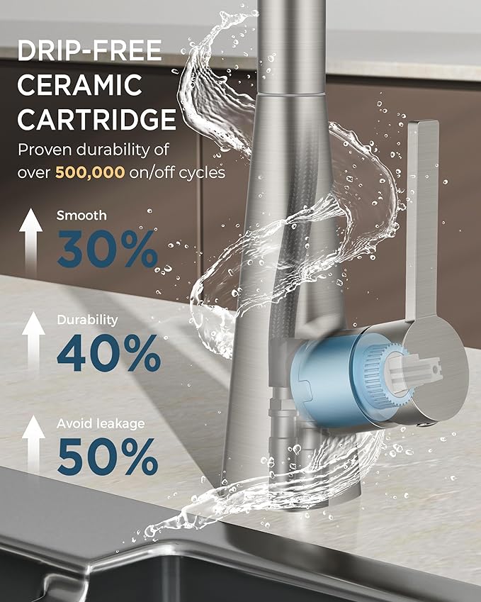 FORIOUS Kitchen Faucet with Soap Dispenser, Pull Down Sprayer, Brushed Nickel Modern High Arc Stainless Steel Faucet for Kitchen Sink, Single Handle for 1 or 3 Hole Decks RV Bar Farmhouse Laundry