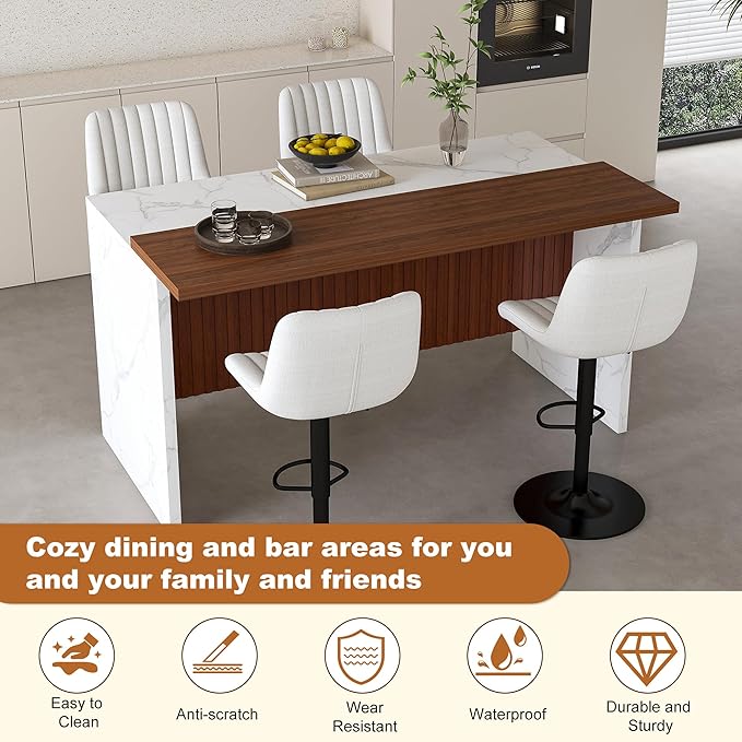 63" Modern Kitchen Island with Marble-Look Surface with 2/4 Bar Stools, Island Table with LED Lights, for Kitchen,Dining Room, Bar, Office, Living Room (White+4Beige)