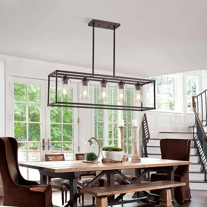5 Light Oil Rubbed Bronze Dining Room Light Fixture Modern Farmhouse Chandelier Over Table Rectangle Kitchen Island Pendant Lighting Linear Chandelier Living Room Hanging Light Adjustable Height