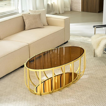 Saint Mossi Glass Oavl Coffee Table for Living Room, Mid Century Modern 2-Tier Gold Center Table, Brown Glass Top and Brown Mirror Shelf with Gold Finish Legs & Frame, D42xW23xH16