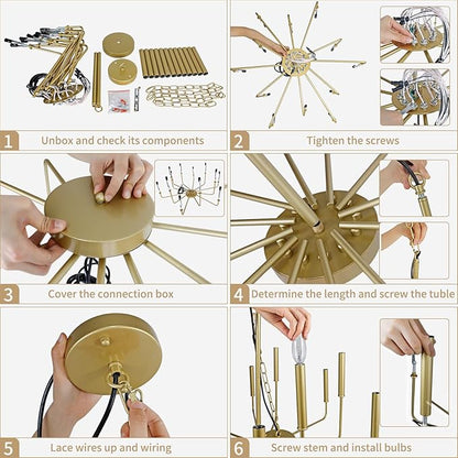 Gold Farmhouse Chandelier, Industrial Metal 12-Light Candle Chandeliers, Rustic Pendant Lighting for Kitchen Island, Dining Room, Living Room, Staircase