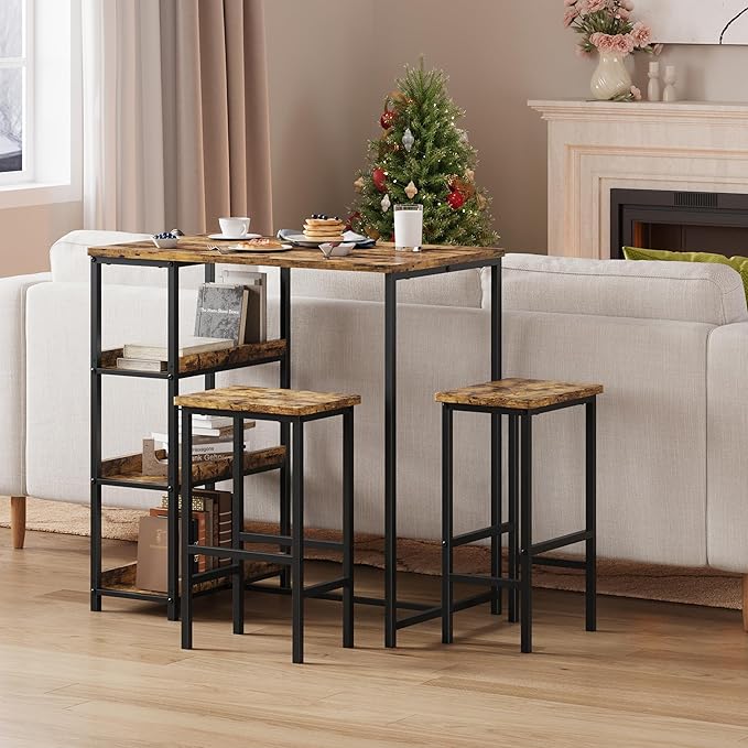 IDEALHOUSE 36" Counter Height Dining Table Set for 2 with Bar Stools and Storage Shelves, Space-Saving Kitchen Table for Small Space, Apartment, Studio, Rustic Brown