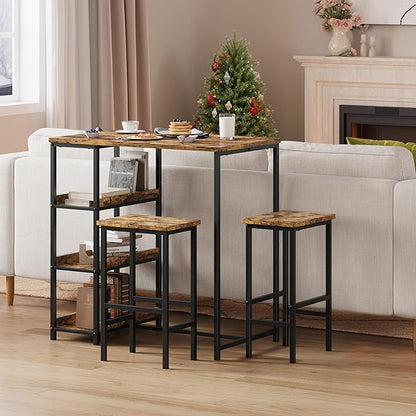 IDEALHOUSE 36" Counter Height Dining Table Set for 2 with Bar Stools and Storage Shelves, Space-Saving Kitchen Table for Small Space, Apartment, Studio, Rustic Brown