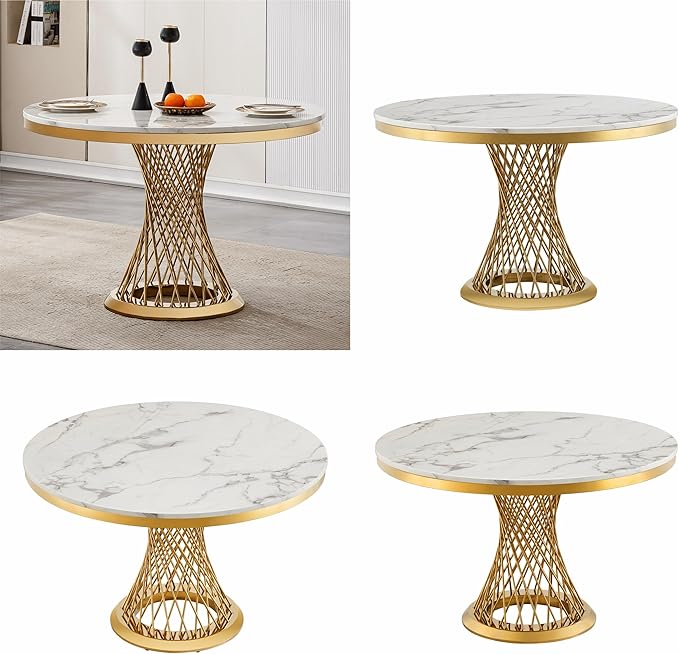 47" Round Dining Table for 4-6 People, Modern Faux Marble Kitchen Table with Gold Mirrored Stainless Steel Pedestal Base, Luxury White Stone Tabletop Dinner Table for Dining Room (Table Only)
