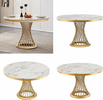 47" Round Dining Table for 4-6 People, Modern Faux Marble Kitchen Table with Gold Mirrored Stainless Steel Pedestal Base, Luxury White Stone Tabletop Dinner Table for Dining Room (Table Only)
