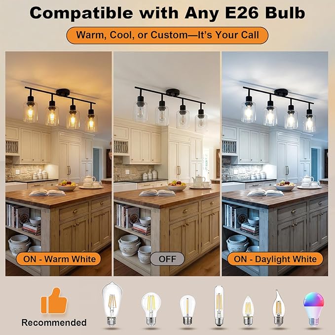 HiBay 4-Light Black Track Lighting Fixture, Ceiling Wall Mount Rotatable Spotlight with Glass Shades, Modern Farmhouse Industrial Track Lights for Kitchen, Dining Room, Bathroom, E26 Base