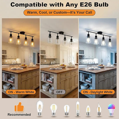 HiBay 4-Light Black Track Lighting Fixture, Ceiling Wall Mount Rotatable Spotlight with Glass Shades, Modern Farmhouse Industrial Track Lights for Kitchen, Dining Room, Bathroom, E26 Base