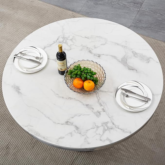 47" Round Marble Dining Table for 4-6, Luxury Modern Kitchen Table with Marble Grain MDF tabletop & Silver Mirrored Stainless Steel Pedestal Base, White Stone Dinner Table for Dining Room (Table Only)