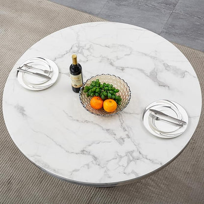 47" Round Marble Dining Table for 4-6, Luxury Modern Kitchen Table with Marble Grain MDF tabletop & Silver Mirrored Stainless Steel Pedestal Base, White Stone Dinner Table for Dining Room (Table Only)