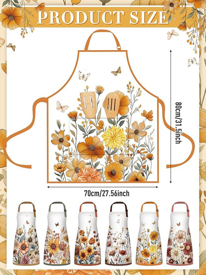 Bencailor 6 Pcs Spring Kitchen Aprons with Pockets Flower Rooster Bee Butterfly Sunflower Summer Aprons Bulk for Women(Brown,Fall)