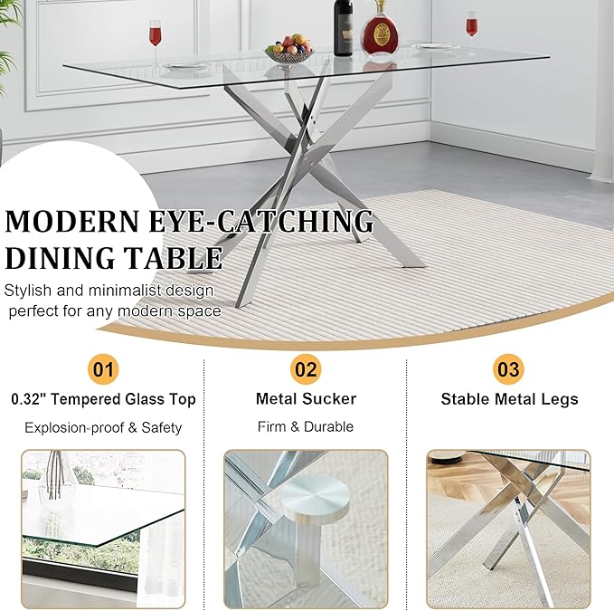 51inch Modern Glass Dining Table for 4, Kitchen Dining Room Table for 4, 0.32" Rectangular Tempered Glass Tabletop and Silver Metal Legs,Rectangle Dinner Tables for Kitchen, Dining Room