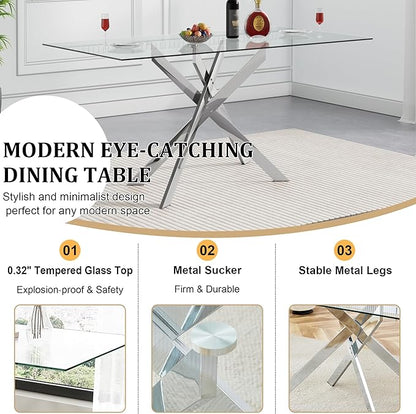 51inch Modern Glass Dining Table for 4, Kitchen Dining Room Table for 4, 0.32" Rectangular Tempered Glass Tabletop and Silver Metal Legs,Rectangle Dinner Tables for Kitchen, Dining Room