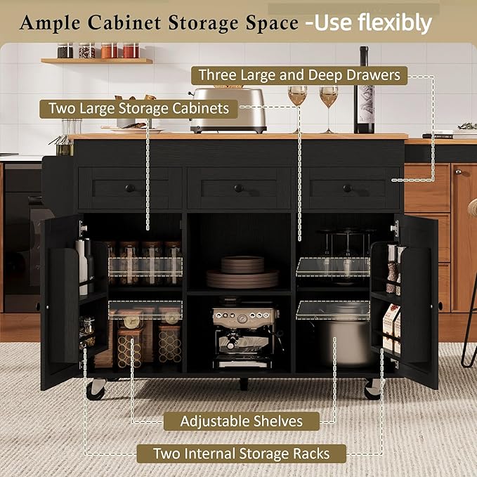 85.5" Kitchen Island with Extendable Dining Table, Rolling Kitchen Island with 3 Side Open Shelves, Power Outlet, Kitchen Storage Table with 3 Drawers, 2 Doors, for Kitchen, Dining Room, Black