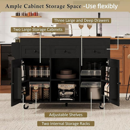 85.5" Kitchen Island with Extendable Dining Table, Rolling Kitchen Island with 3 Side Open Shelves, Power Outlet, Kitchen Storage Table with 3 Drawers, 2 Doors, for Kitchen, Dining Room, Black