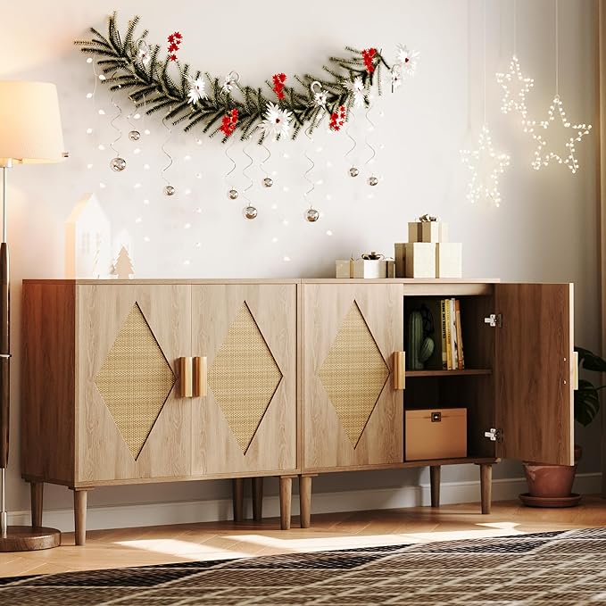 GarveeHome Two-Piece Dining Sideboard with Storage, Rattan Decorative Double Door Storage Cabinets, Sideboards and Decorative Cabins for Living Room, Dining Room, Foyer, Kitchen