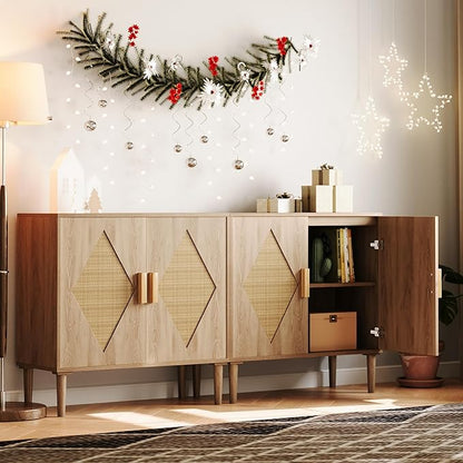 GarveeHome Two-Piece Dining Sideboard with Storage, Rattan Decorative Double Door Storage Cabinets, Sideboards and Decorative Cabins for Living Room, Dining Room, Foyer, Kitchen