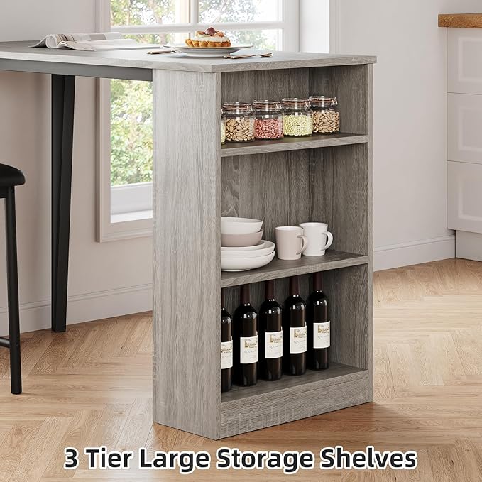 3-Piece Bar Table and Chairs Set, Extendable Kitchen Island with Storage Shelves, Counter Height Dining Table for Small Spaces, 2 Cushioned Bar Stools Included, Gray