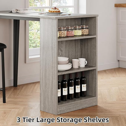 3-Piece Bar Table and Chairs Set, Extendable Kitchen Island with Storage Shelves, Counter Height Dining Table for Small Spaces, 2 Cushioned Bar Stools Included, Gray