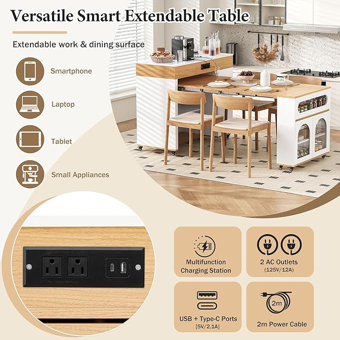 74" Extendable Dining Table with Extra-Long Folding Tabletop, Rolling Kitchen Island with Drawers, Power Outlet and Brake Lock, Zoned Layered Storage Cabinet for Kitchen and Dining Room