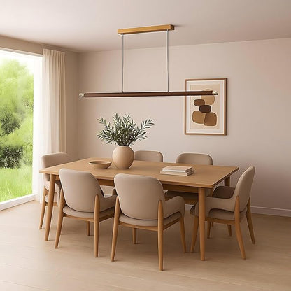 47" Wood Linear Pendant Light, Modern Wabi-Sabi Chandelier with Handcrafted Walnut & Brass, 3 Color Temperatures (3000K-6000K), Hanging Light Fixture for Dining Room, Kitchen, Bedroom