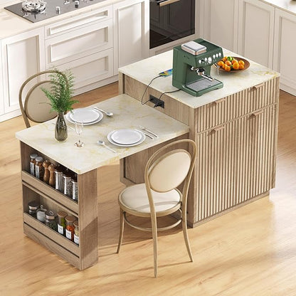 Modern Dining Table Expandable 82.6in Fluted Kitchen Island with, Power Outlet, Wood Console Table with Drawers for Living Room Dining Room Kitchen,Natural-MDF