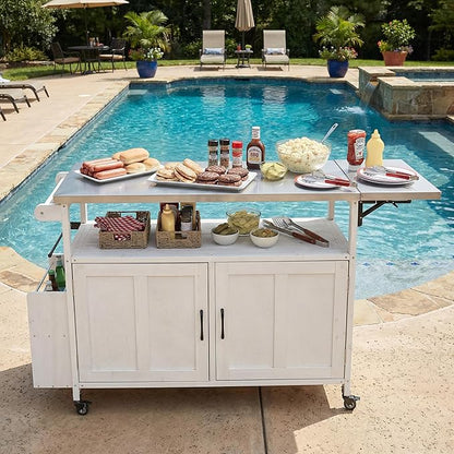 JIJIWANG 60.6" Mobile Kitchen Storage Island with Storage Cabinet and Towel Rack, Foldable Outdoor Kitchen Island with Stainless Steel Top and Lockable Wheels for Patio and Outdoor White