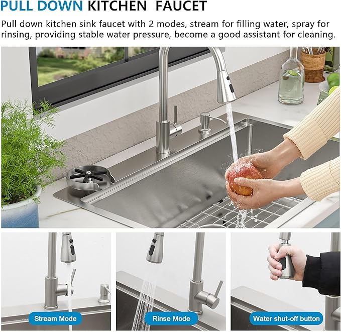 28"x22" Drop In Kitchen Sink Ledge Workstation – 16 Gauge 304 Stainless Steel Top Mount Overmount Single Bowl Sink Basin with Faucet Combo & Glass Rinser